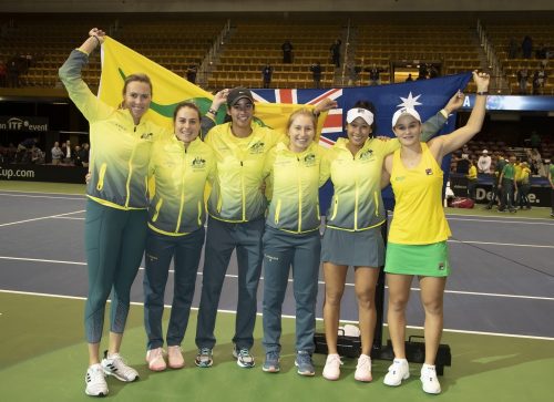 Australia celebrate victory over US to reach semi finals (l to r) Captain Alicia Molik (AUS), Kimberly Birrell (AUS), Astra Sharma (AUS), Daria Gavrilova (AUS), Priscilla Hon (AUS) and Ashleigh Barty (AUS)